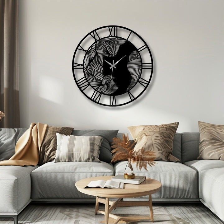 Organic shapes undulate within this modern, abstract wave metal wall clock featuring Roman numerals, a stylish decoration wall art piece.