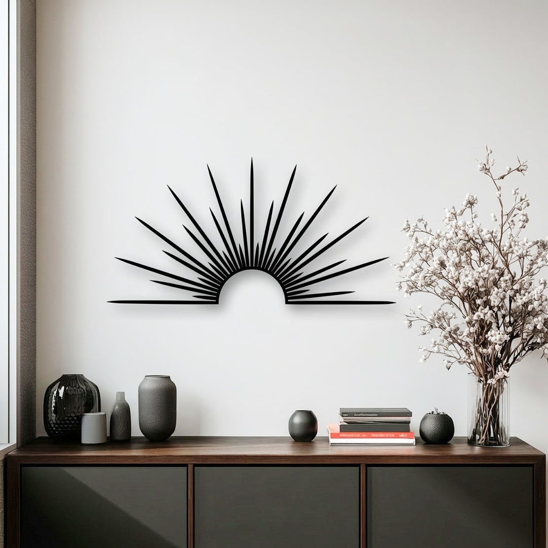 The serene and modern mood is accentuated by the striking sunburst minimal metal decoration wall art, creating a peaceful ambiance.