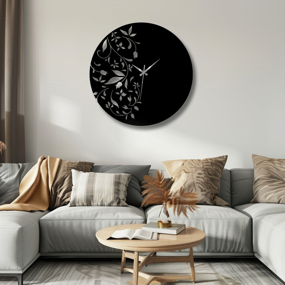 Brightest area of the floral elegance metal wall clock highlights its sophisticated decoration wall art, adding a modern, minimal leaf design element to the room.