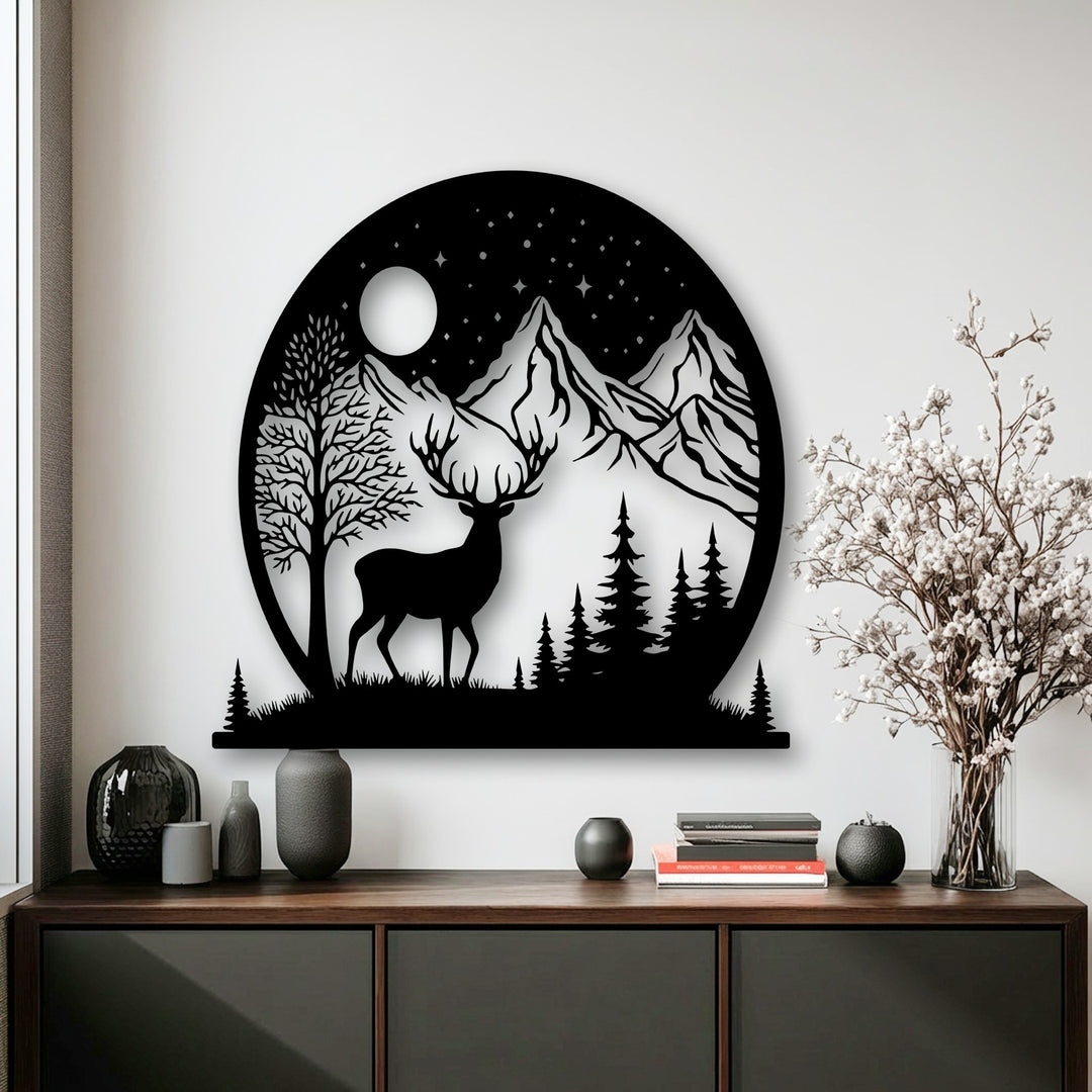 A tranquil and enchanting mood is set by the moonlit deer and mountain decoration wall art, perfect for nature lovers.
