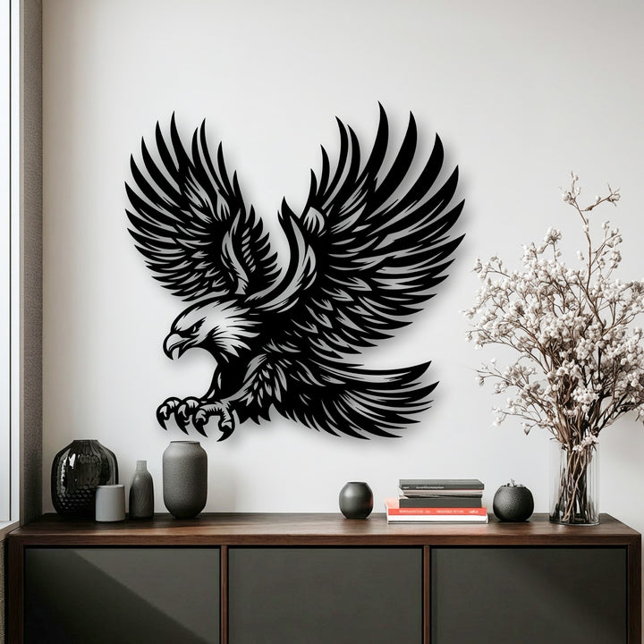 The powerful eagle metal artwork, though depicted in flight, creates a striking sense of poised stillness on the serene wall.