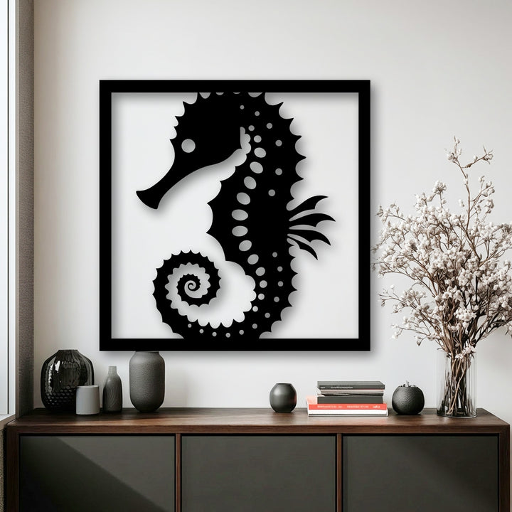 The visual rhythm of the bold black seahorse frame metal wall art creates a dynamic decoration wall art with its spiraling form and dotted texture.
