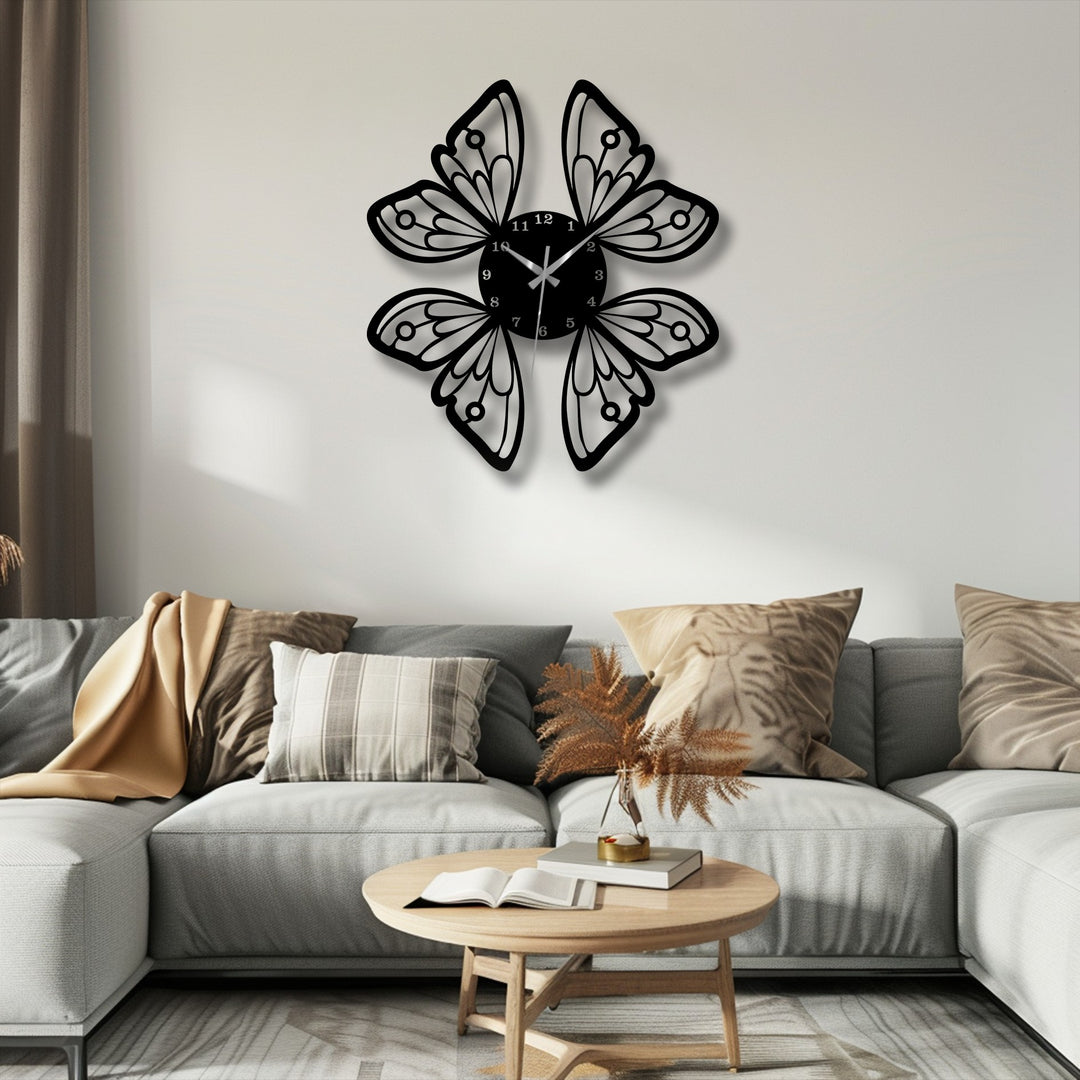 As the focal point, an elegant butterfly wings metal wall decor clock hangs above a minimalist grey sofa.