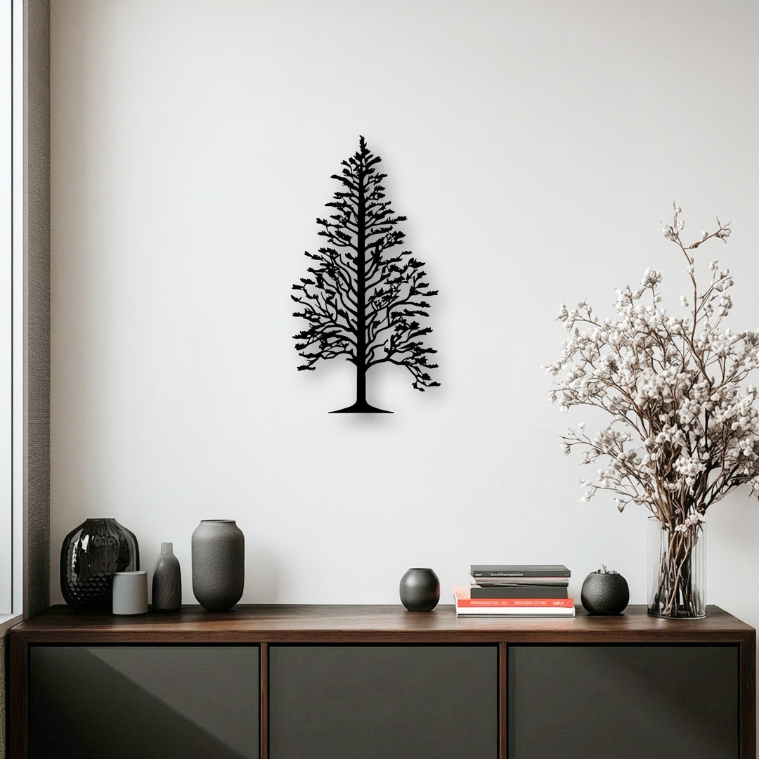 A dark wooden credenza with stylish vases and books sets a rich foreground, complementing the majestic pine tree silhouette decoration wall art.