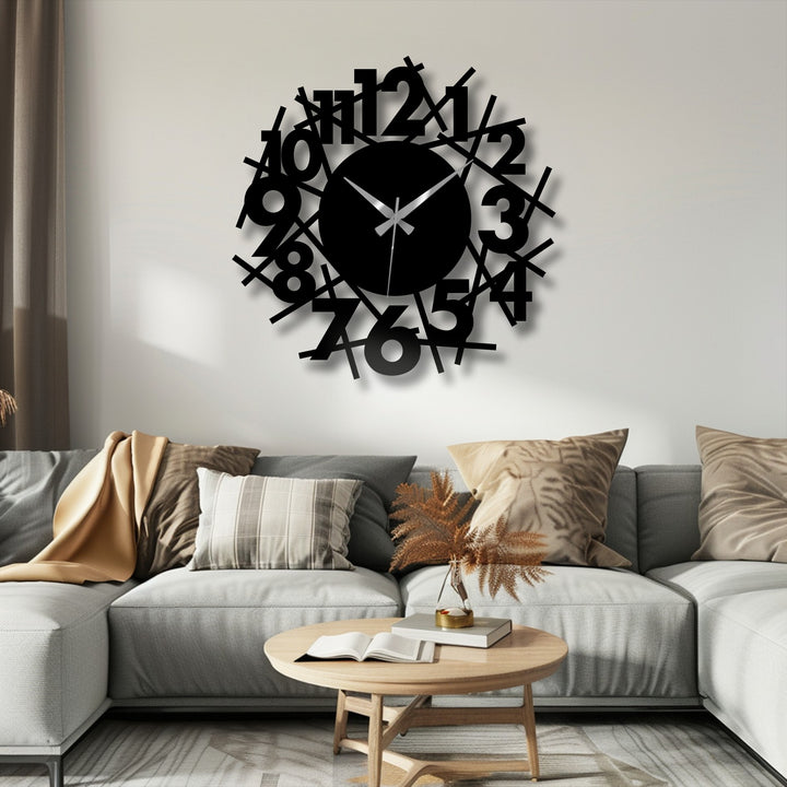 Black is the dominant color in this abstract numeric chaos metal wall clock, offering unique decoration wall art for a modern home decor aesthetic.