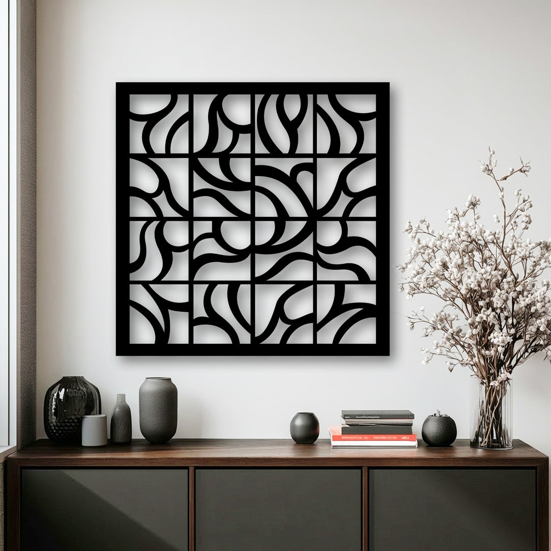 Organic forms intricately weave through the geometric flow grid, presenting a unique metal wall art piece.