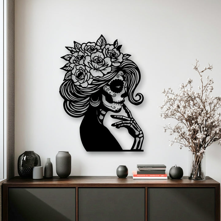 The bold shadows cast by the intricate Floral Sugar Skull Lady metal wall art create striking contrast, enhancing this unique decoration wall art.