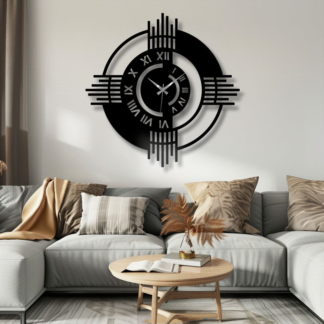 Aesthetic decoration wall art creates a calm, tranquil mood with this modern Roman numeral geometric metal wall clock on a simple white wall above a neutral couch.
