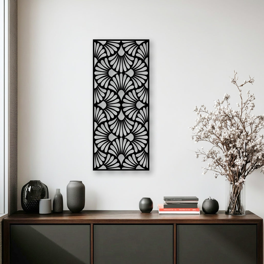 White walls highlight the elegant black Art Deco fan pattern metal wall decor, creating a sophisticated geometric panel statement.
