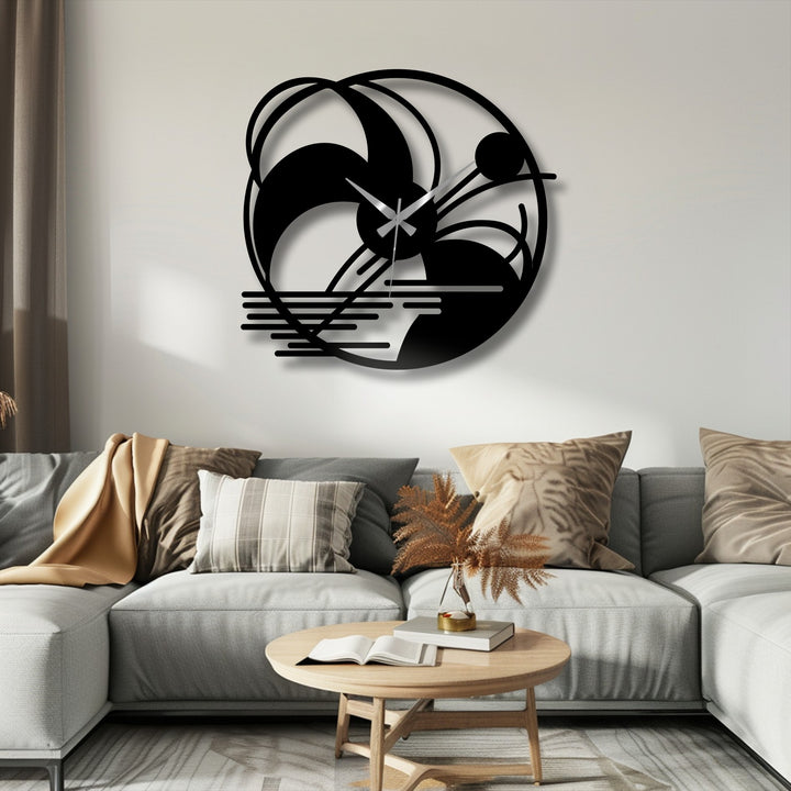 High color contrast makes this abstract landscape metal artwork wall clock stand out against the neutral wall, emphasizing its modern, artistic design.
