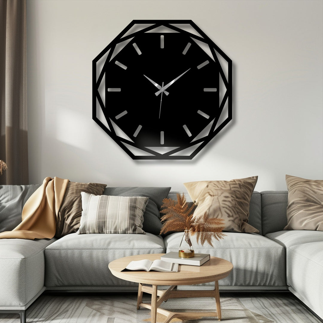 The clock's sleek black finish enhances the geometric frame, exemplifying decorative metal art in a modern octagonal wall clock design.