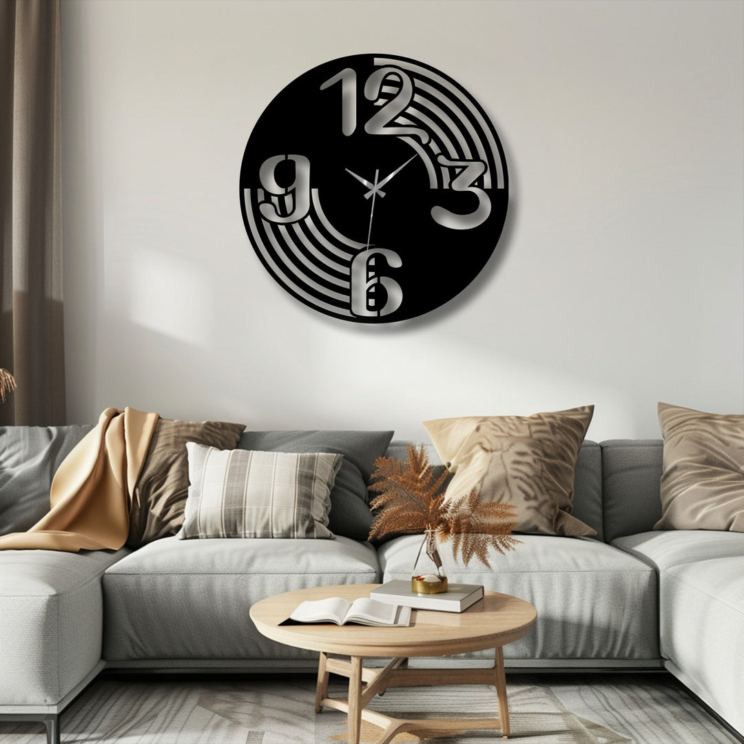 A soft throw blanket gently drapes the sofa, providing a comfortable contrast to the modern metal wall clock's stylish decoration wall art.