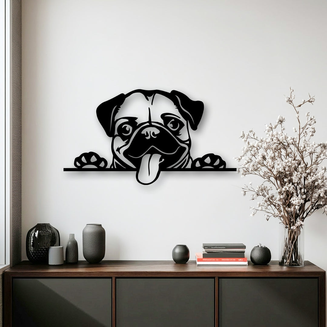 The muted color saturation of this playful pet silhouette decoration wall art highlights the cute pug dog metal art.