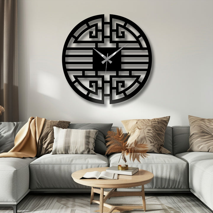 Black is the dominant color of this Asian geometric decoration wall art clock, a modern oriental metal wall clock with sleek, minimalist design.