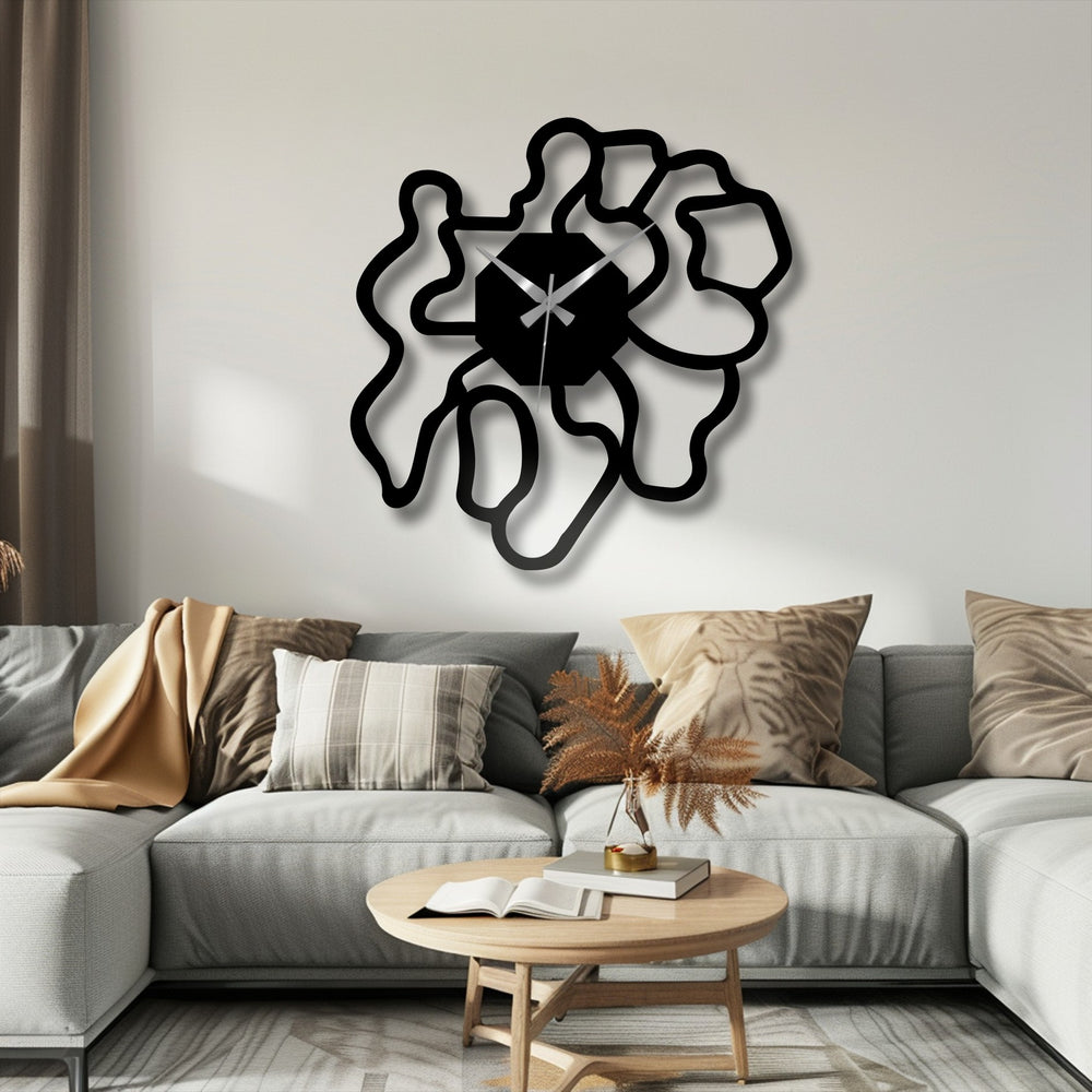 Featuring striking geometric elements, the abstract organic shape metal artwork in this modern wall clock creates a visually engaging timepiece.