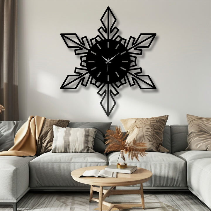Alternating points and angles in the snowflake metal art for wall create a striking visual rhythm in this modern wall clock design.