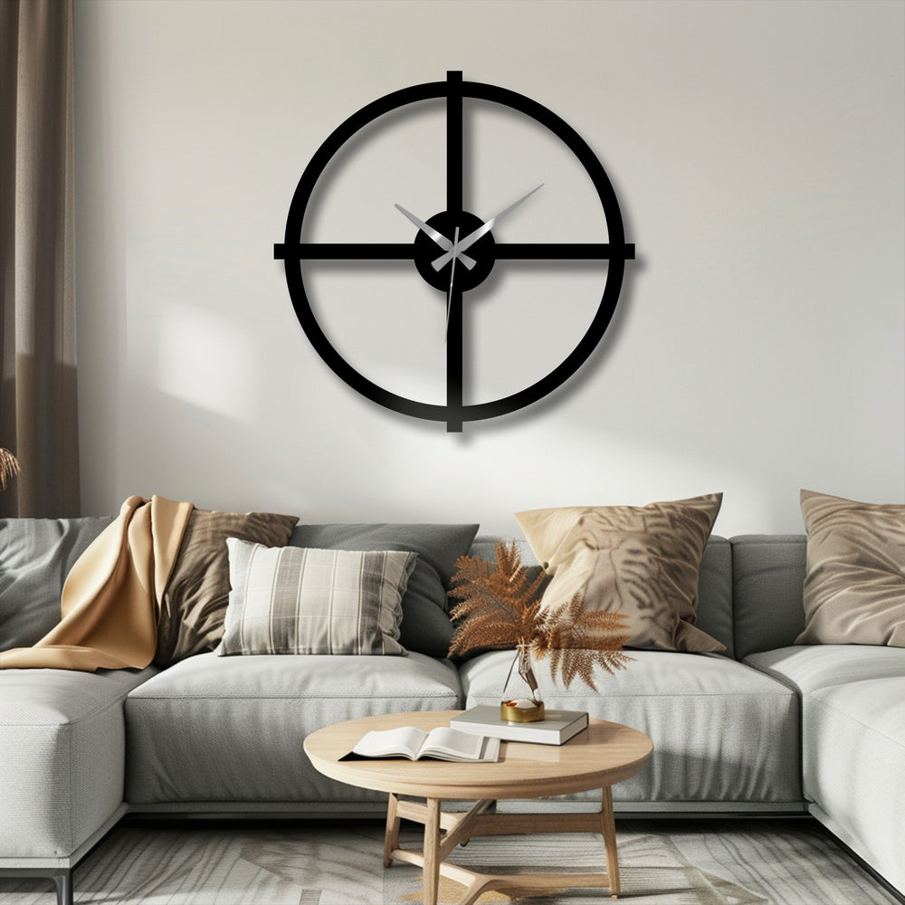 Creating a strong visual rhythm, the minimalist black metal wall clock features a repeating circular and linear pattern, adding a modern touch to the metal wall decor.