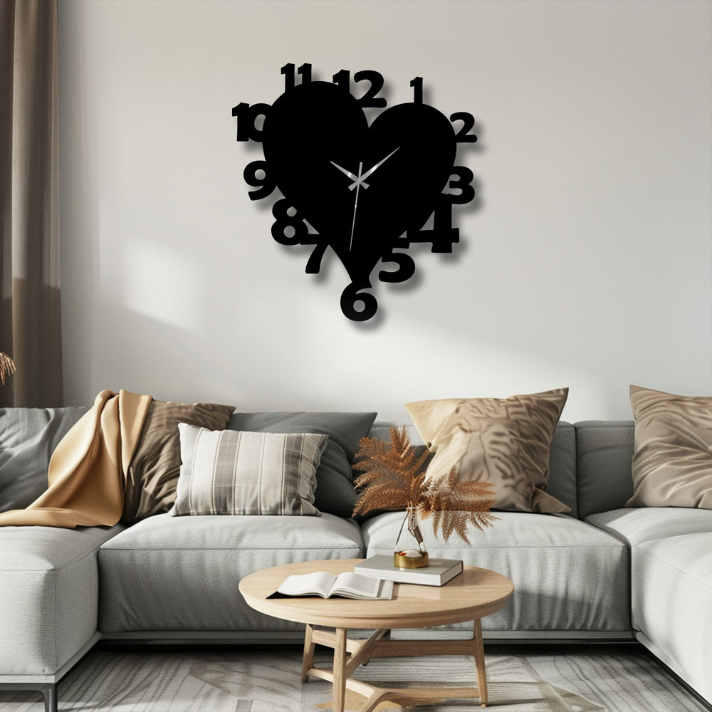 The brightest area, a luminous white wall, perfectly showcases the heart shape number metal wall clock as unique metal wall art.