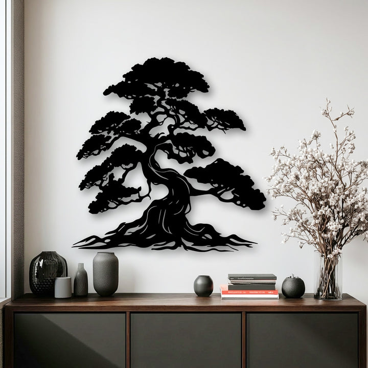 The elegant negative space sculpts the intricate silhouette of a timeless bonsai tree metal art for wall against a bright background.
