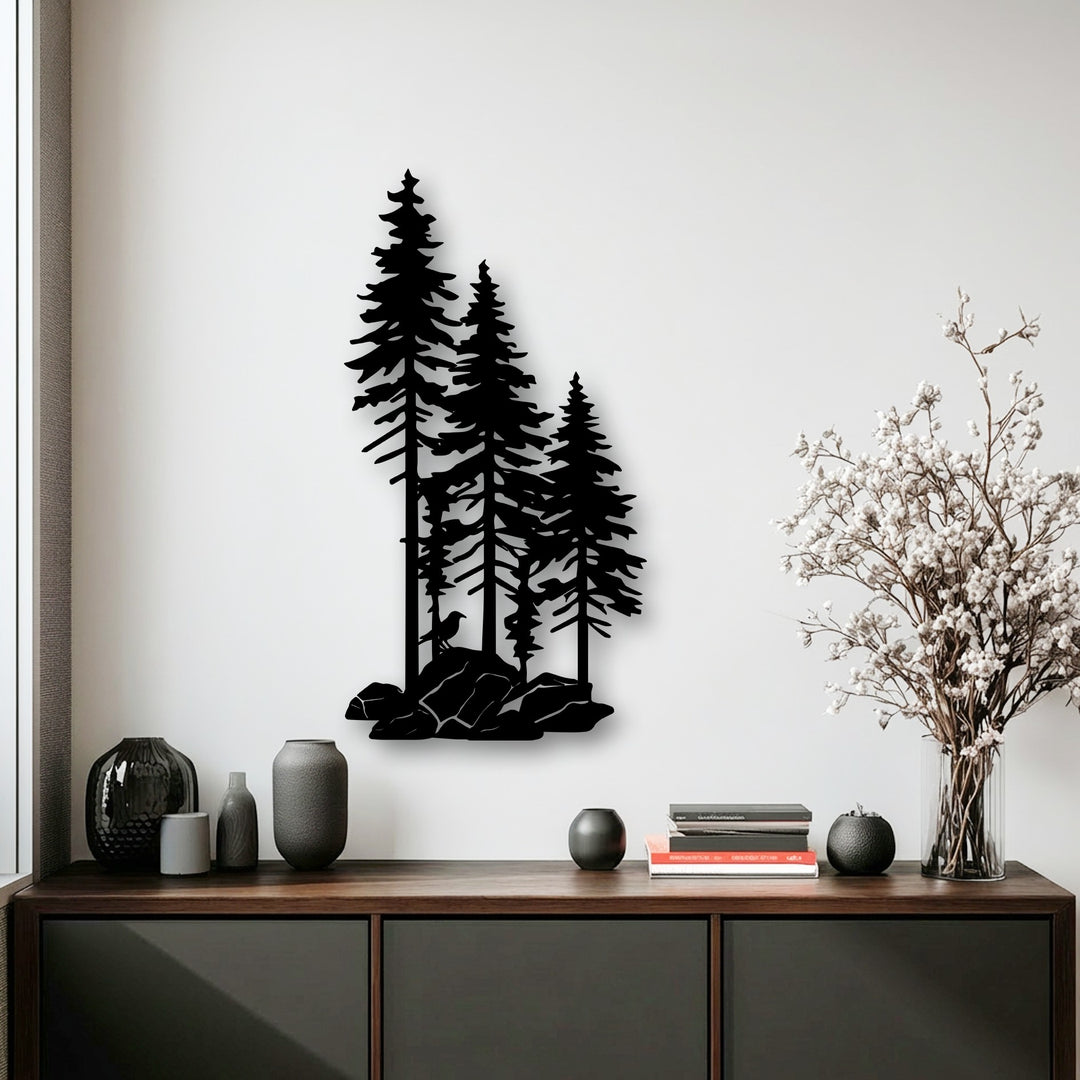 Exceptional material quality is evident in this precisely cut Whispering Pines metal art for wall, featuring a striking forest silhouette.
