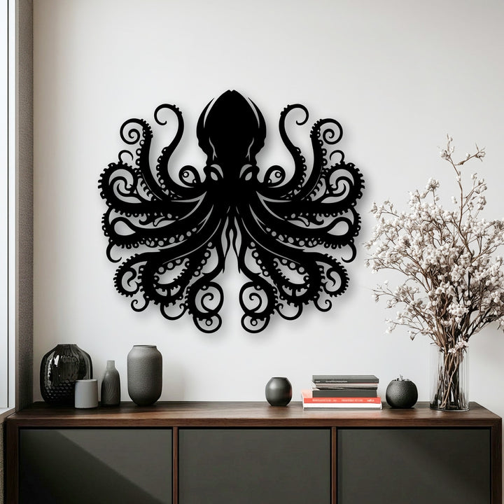 The balanced color temperature highlights the deep black octopus metal art for wall, creating a striking contrast against the bright white wall.