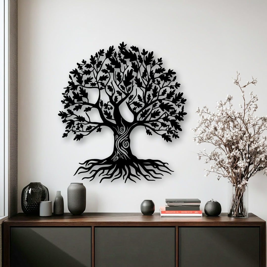 The stillness emanates from the ornate Tree of Life metal wall decor, its detailed nature symbol branches and roots providing a calming visual.