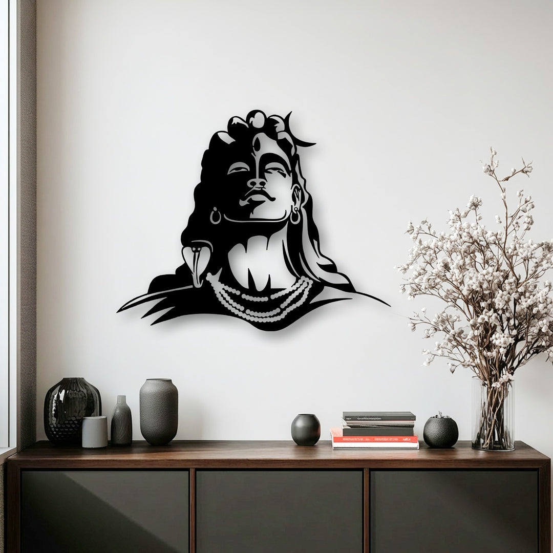 The geometric elements of the intricate Lord Shiva silhouette are depicted as captivating metal artwork with sharp lines and smooth curves.