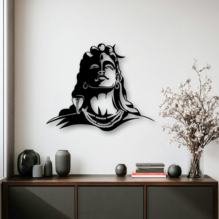 The geometric elements of the intricate Lord Shiva silhouette are depicted as captivating metal artwork with sharp lines and smooth curves.