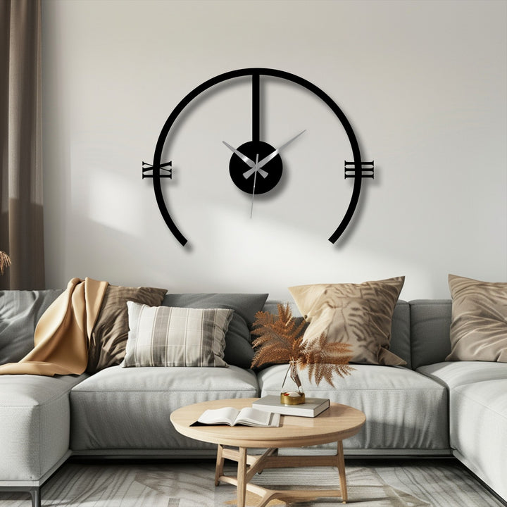 Foreground details of the living room highlight the minimalist contemporary wall decor, a modern arch metal wall clock that serves as stylish metal wall decor.