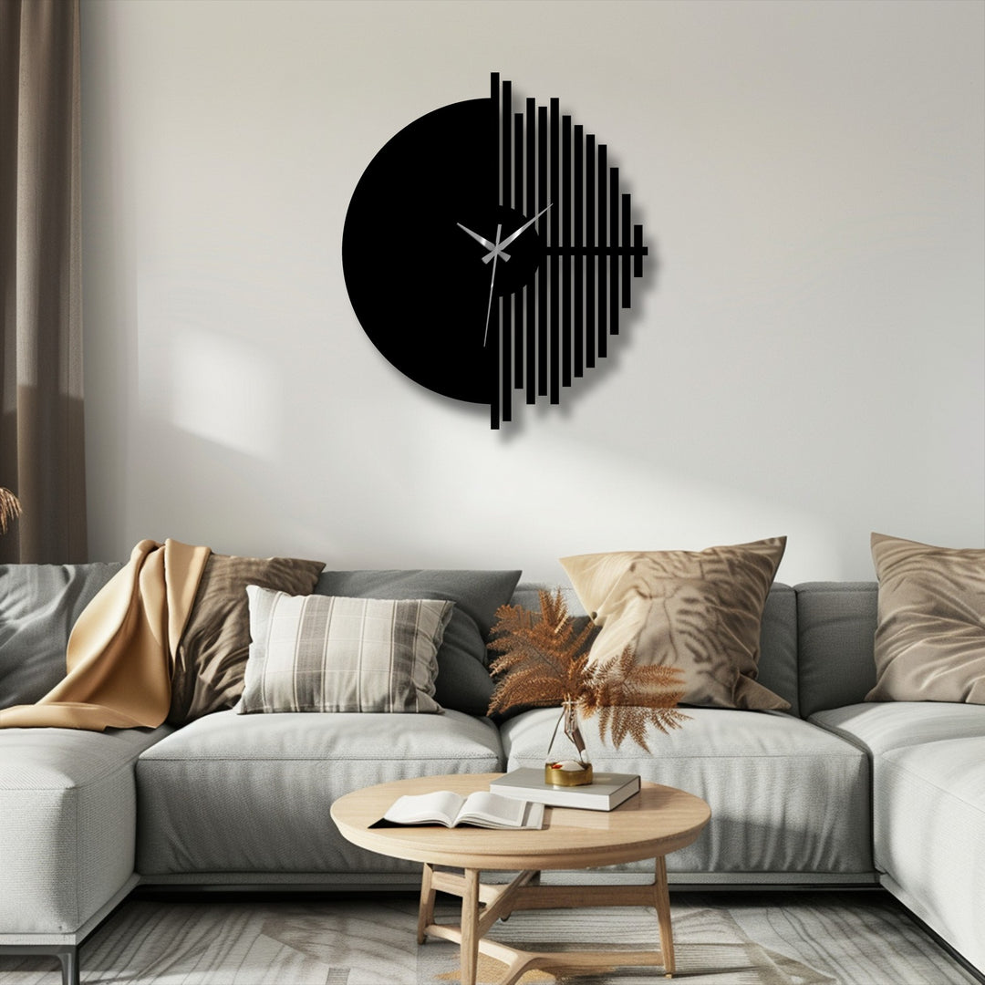 Black finish defines this half circle geometric metal wall decor clock, enhancing its minimalist metal wall decor look in a modern space.