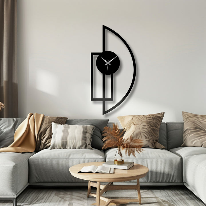 The layering effect is highlighted in this geometric metal artwork, with a minimalist half-moon clock creating a visually striking, modern metal wall decor piece.