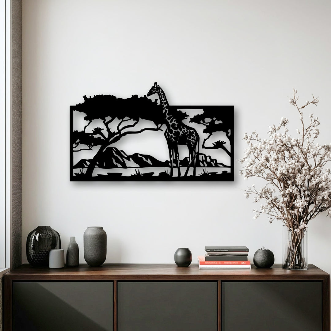 Geometric elements in this rectangular metal artwork form sharp, contrasting black silhouettes depicting a savannah giraffe scene, a modern metal artwork.