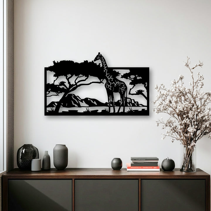 Geometric elements in this rectangular metal artwork form sharp, contrasting black silhouettes depicting a savannah giraffe scene, a modern metal artwork.
