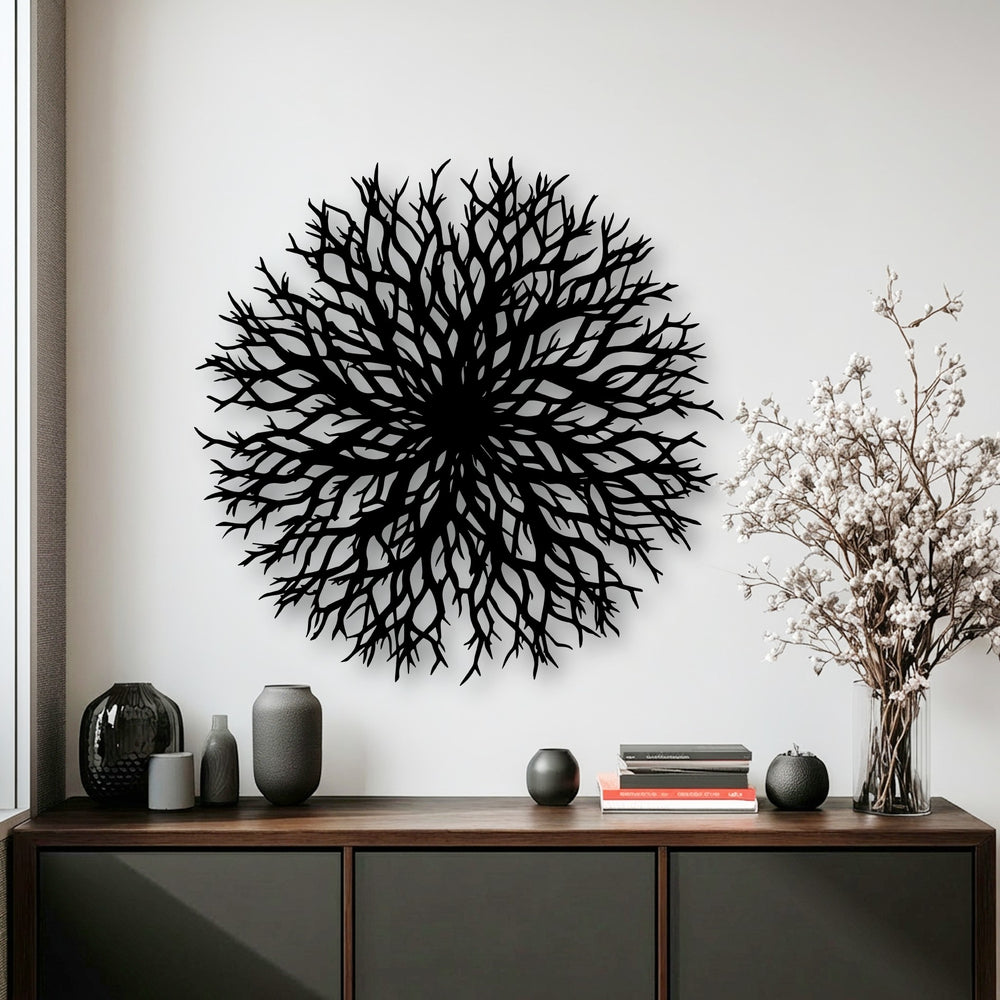 The striking visual rhythm of the abstract branch burst metal decoration wall art pulses with organic energy, a captivating focal point.