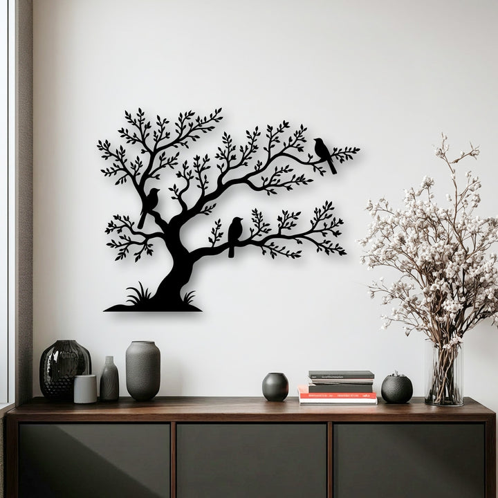 A neutral color temperature defines the 'Birds on Tree Metal Wall Art,' a striking decoration wall art above warm wooden furniture.