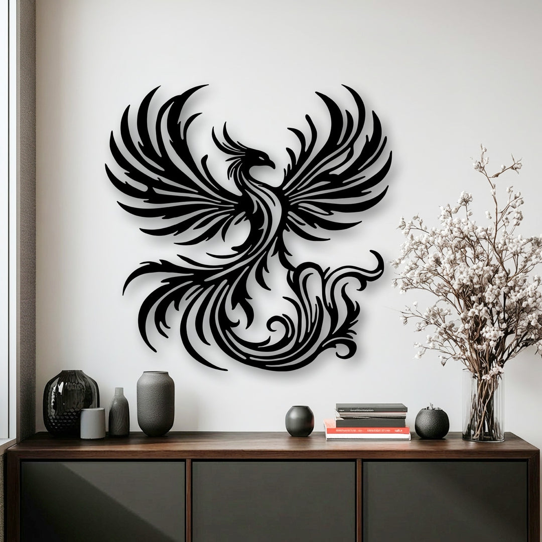 Demonstrating striking depth and layers, this Phoenix metal artwork features a mythical bird with a rising design, casting subtle shadows.