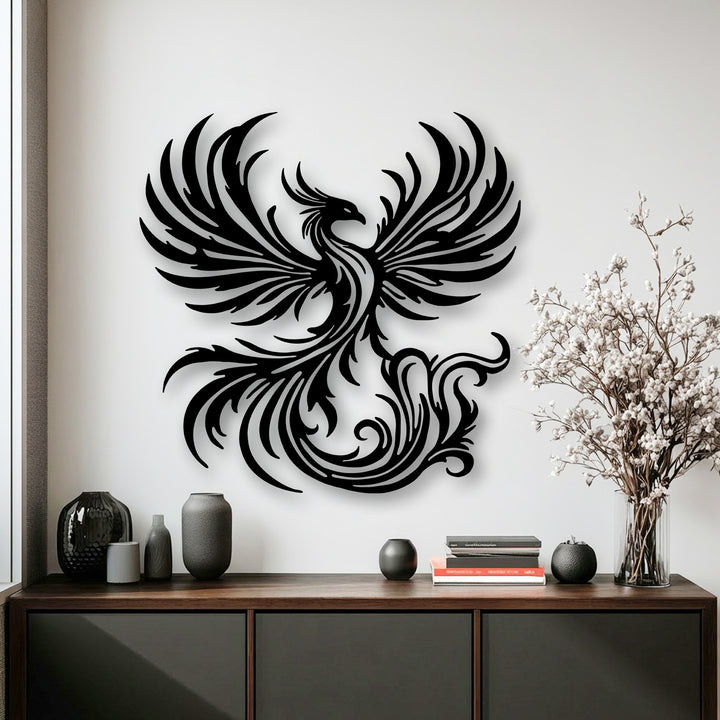 Demonstrating striking depth and layers, this Phoenix metal artwork features a mythical bird with a rising design, casting subtle shadows.