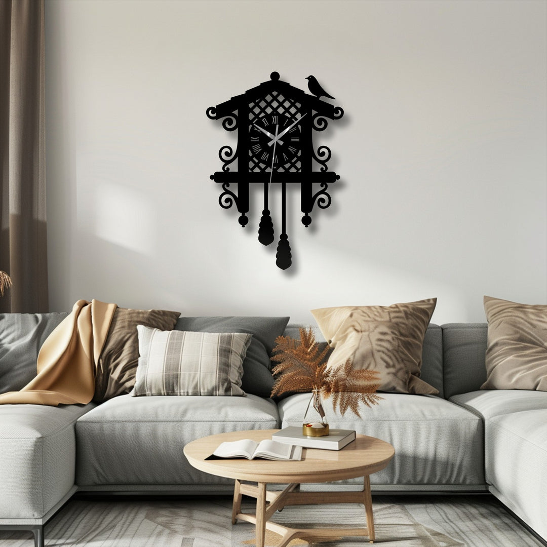 Foreground detail of the round wooden coffee table with an open book, complementing the vintage bird design of the cuckoo metal artwork hanging above.