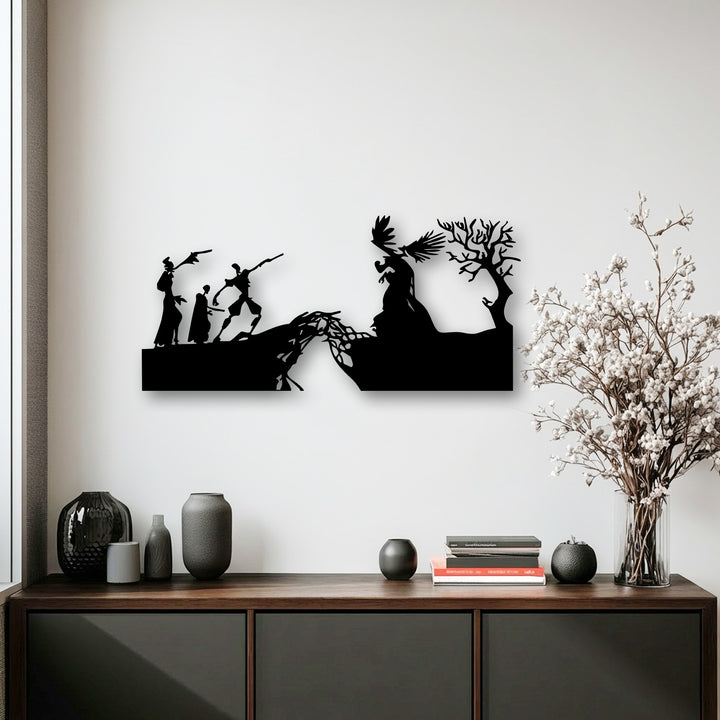 Dramatic light and shadow highlight the intricate silhouettes of a mythological creation scene in this decorative metal art piece.