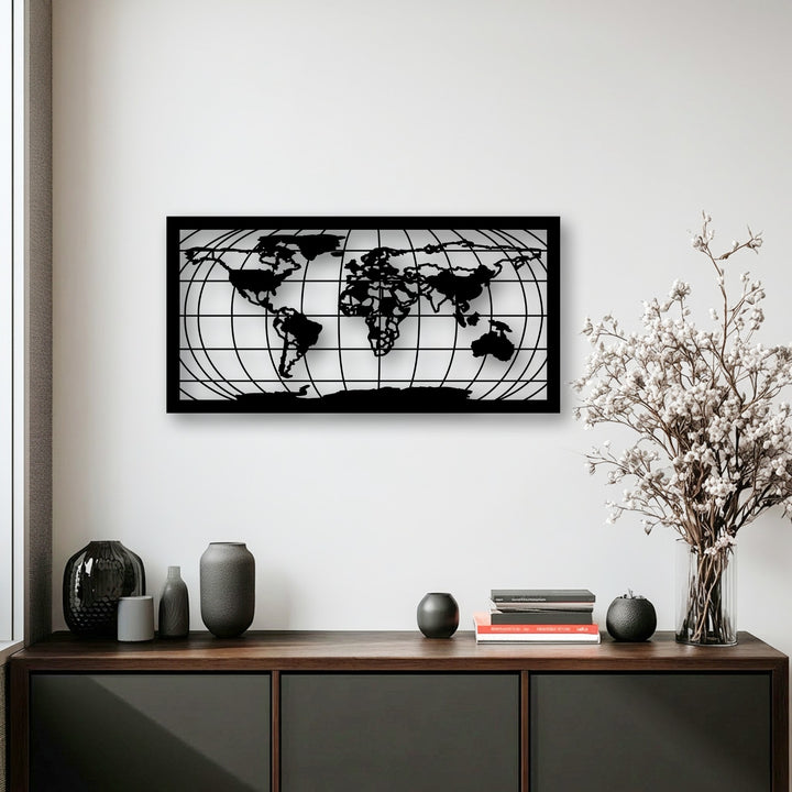 Organic forms of dried white flowers and rounded dark vases beautifully complement the linear decorative metal art world map.