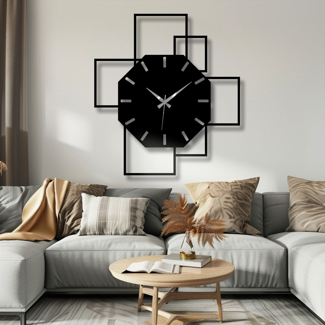 Highlighting the layering effect, this octagonal geometric metal wall clock features a modern square frame design, adding striking metal wall decor and depth to the space.
