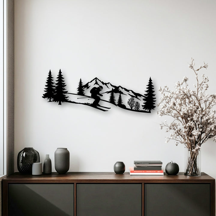 The organic forms of pine trees, jagged mountains, and a skiing figure create a rustic decoration wall art, evoking a vibrant alpine adventure.