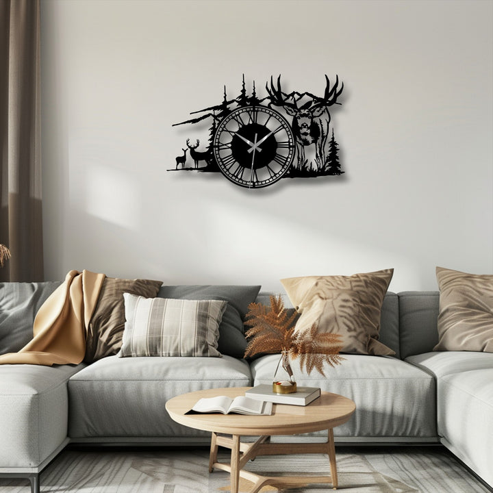 Subtle shadows cast by ambient light accentuate the intricate silhouette of the majestic deer forest decorative metal art clock.