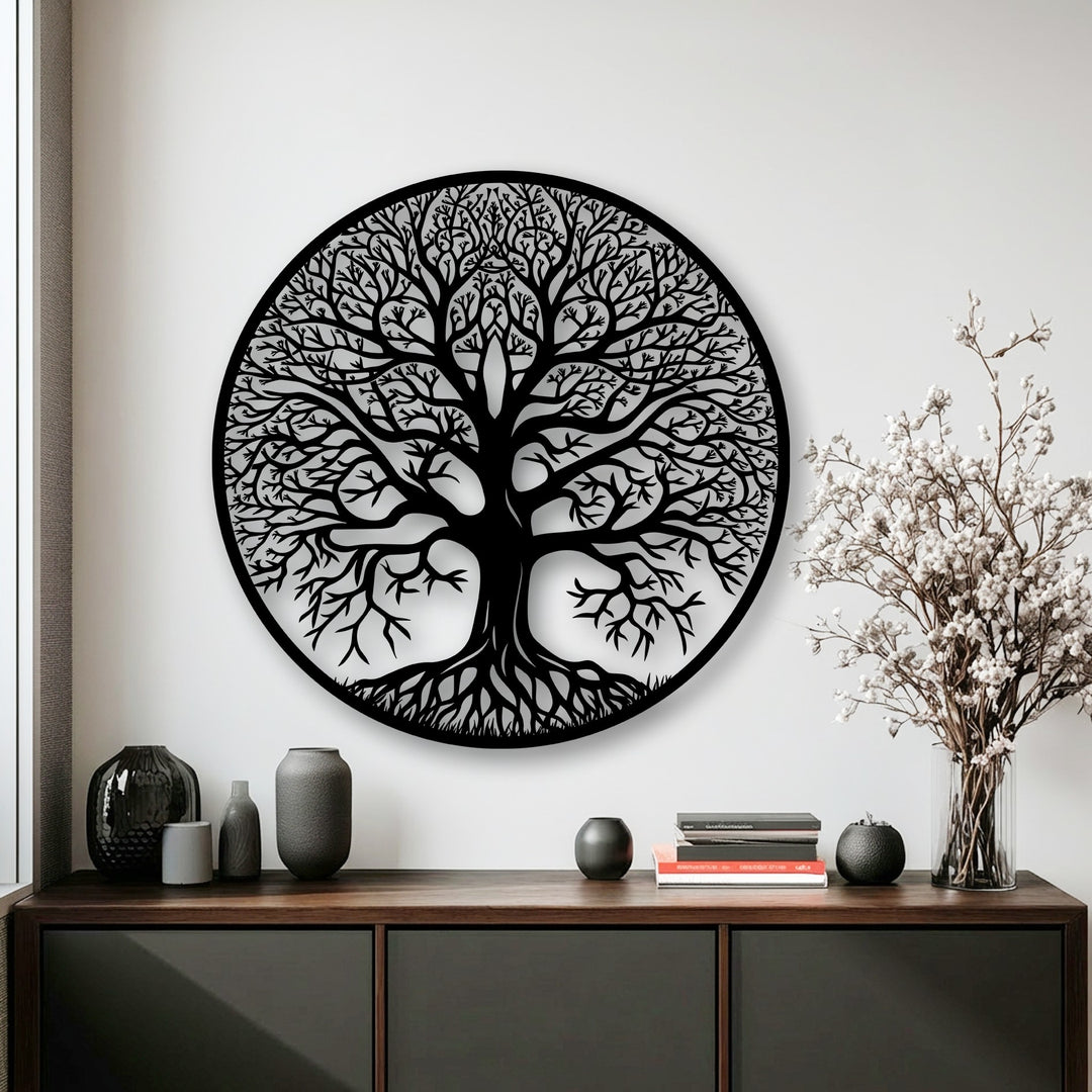 Experience the superior material quality of this Tree of Life metal art for wall, intricately crafted in a circular design.