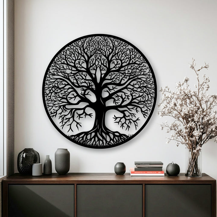 Experience the superior material quality of this Tree of Life metal art for wall, intricately crafted in a circular design.