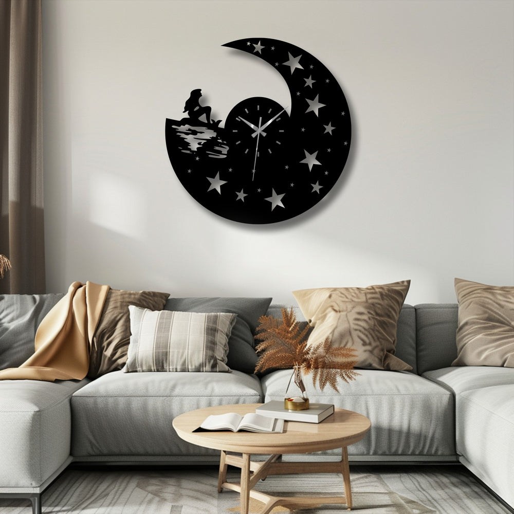 Smooth black finish on this moonlight dream metal art for wall clock features a celestial night design with crescent moon, stars, and mermaid silhouette.