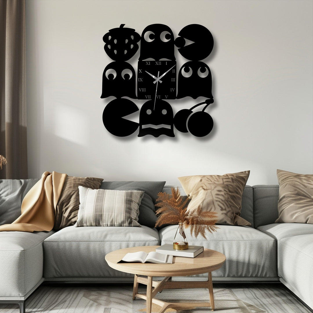 Geometric shapes form a retro arcade-inspired metal artwork wall clock, featuring playful character designs and a central clock face with Roman numerals.
