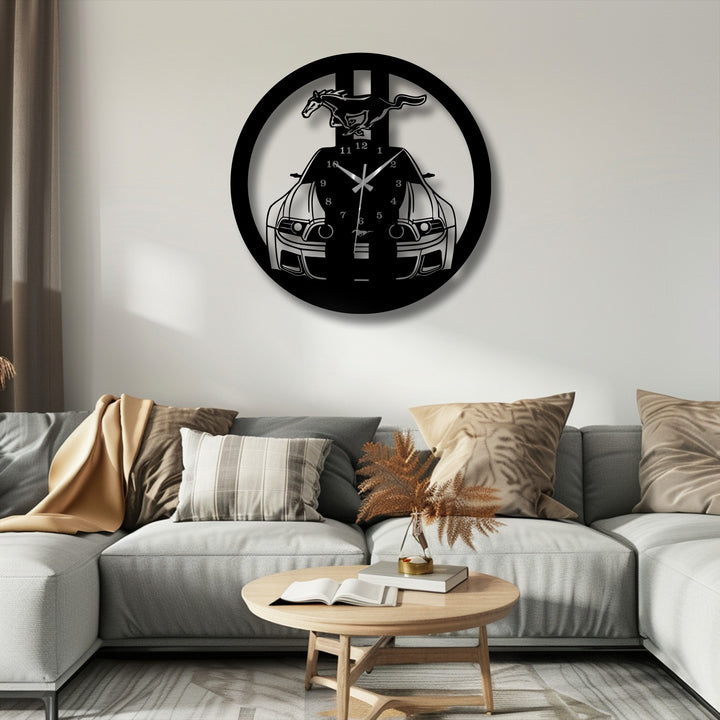 Light and shadow accentuate the contours of the muscle car design on this unique metal wall art clock, creating depth and visual interest.