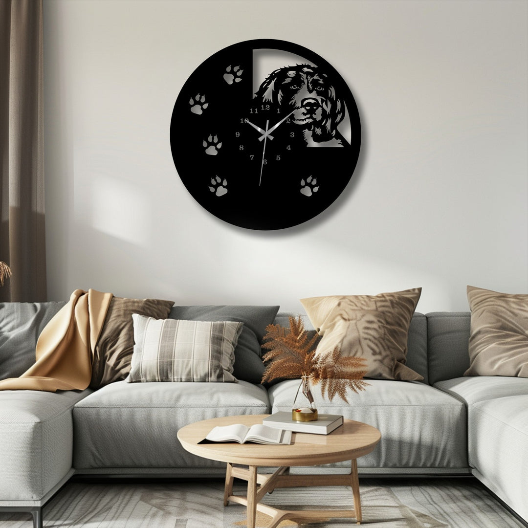The striking transition from the monochromatic black of the dog silhouette decorative metal art clock to the subtly shaded beige wall.