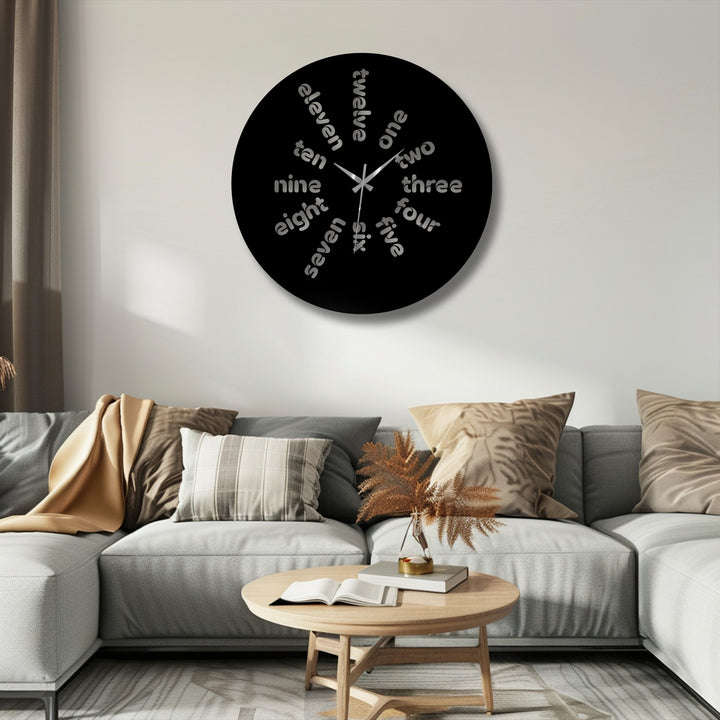 Subtle light and shadow play across the modern typography design of this word time metal wall clock, a unique metal wall art piece adding depth to the decor.
